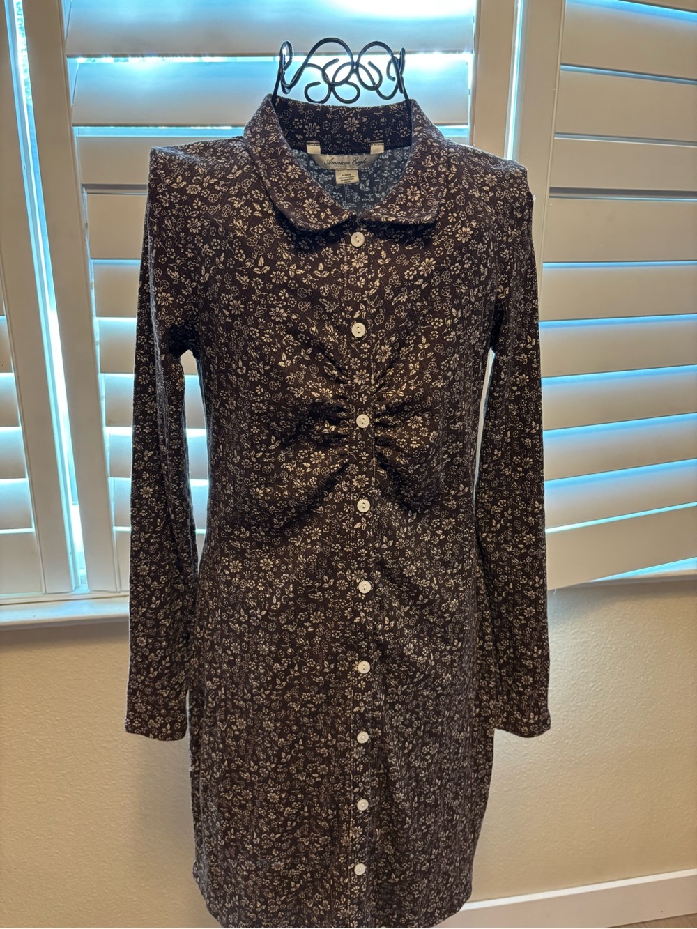 American Eagle Outfitters Brown Floral Button-Down Long Sleeve Dress
